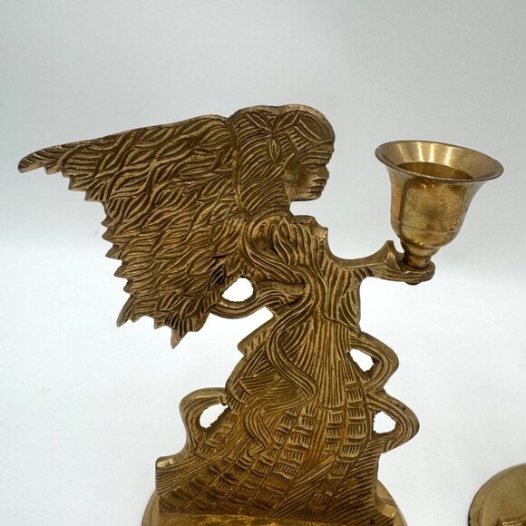 VTG 1995 Solid Brass Hosley Angel Candle Holder. Made in India Set of 2 Holiday - Picture 2 of 16